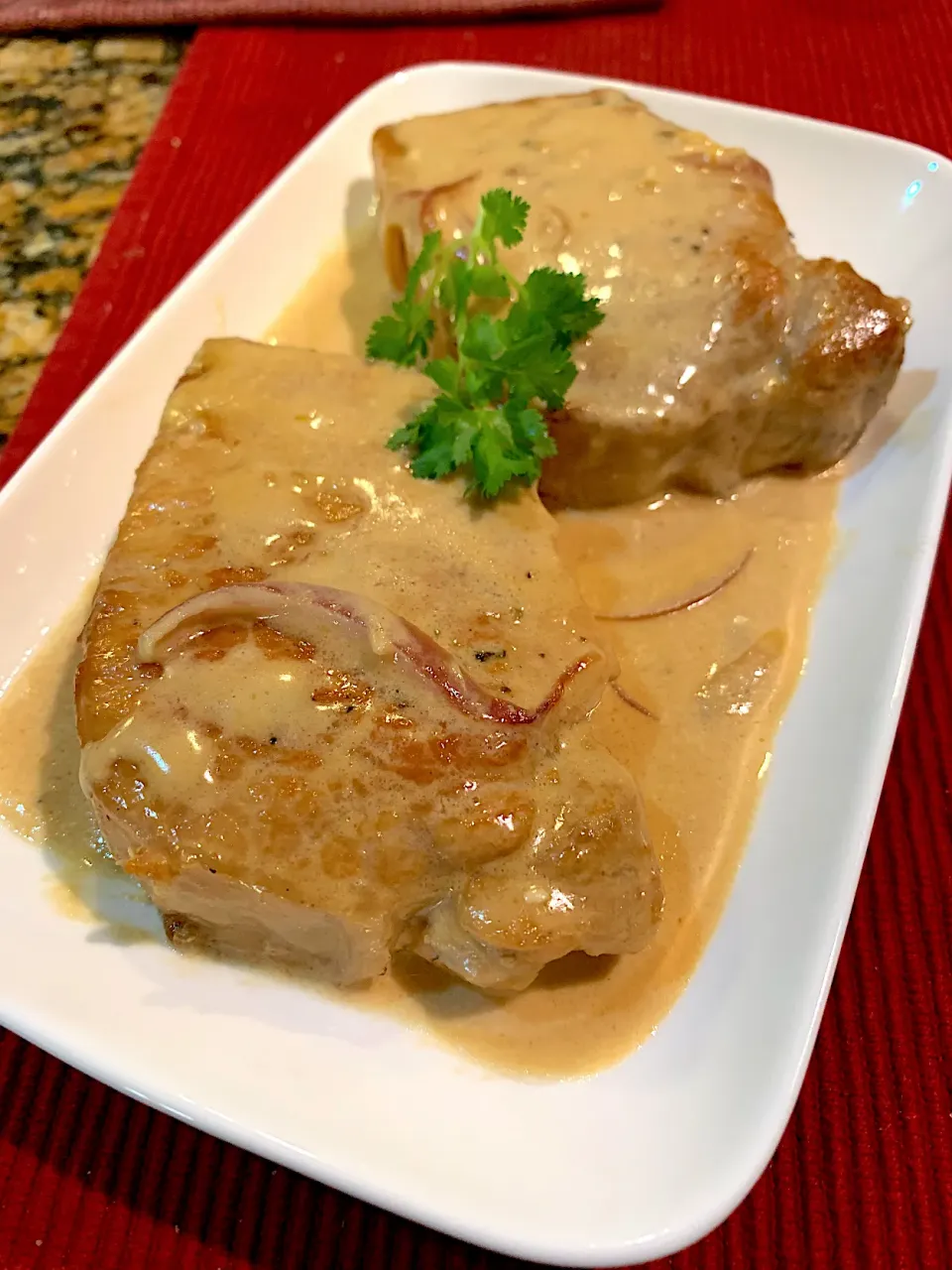 Snapdishの料理写真:Creamy Garlic Parmesan Keto Pork Steaks|Alma's Home Kitchenさん