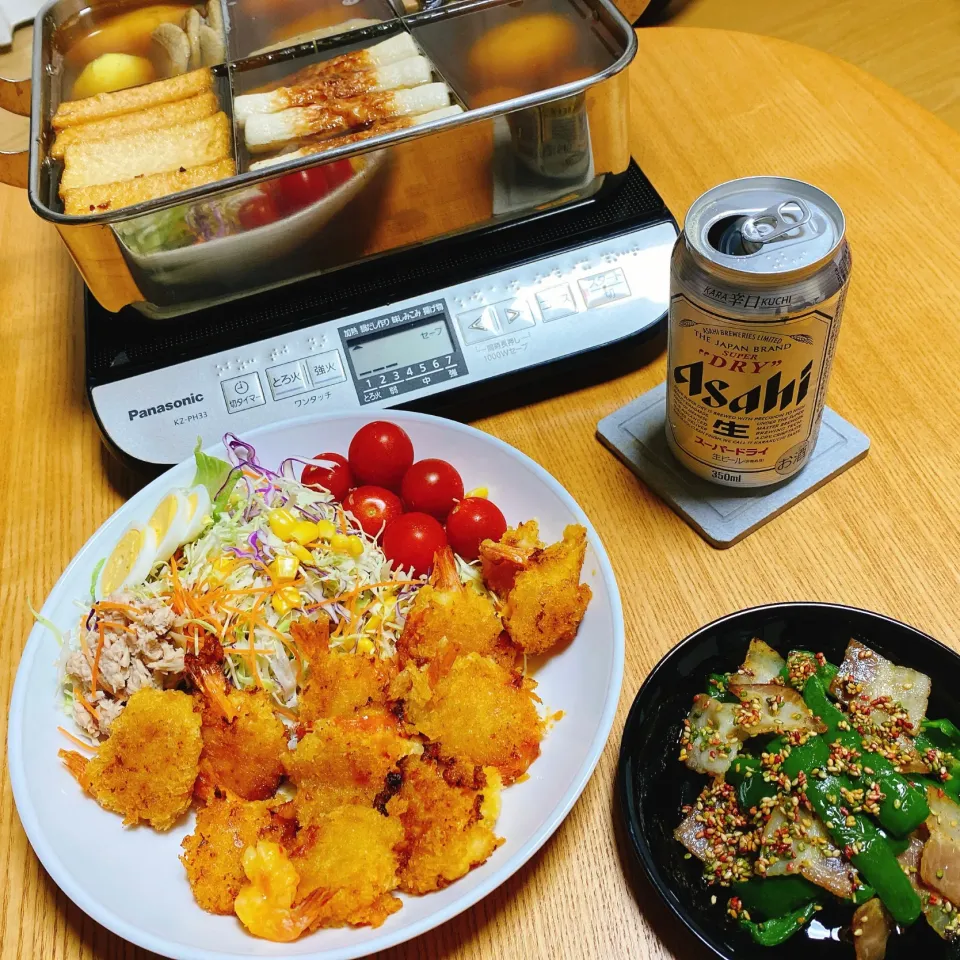 おでん🍢
エビチリソースフライ←揚げるだけのやつ
ピーマンとベーコン炒め|naoさん