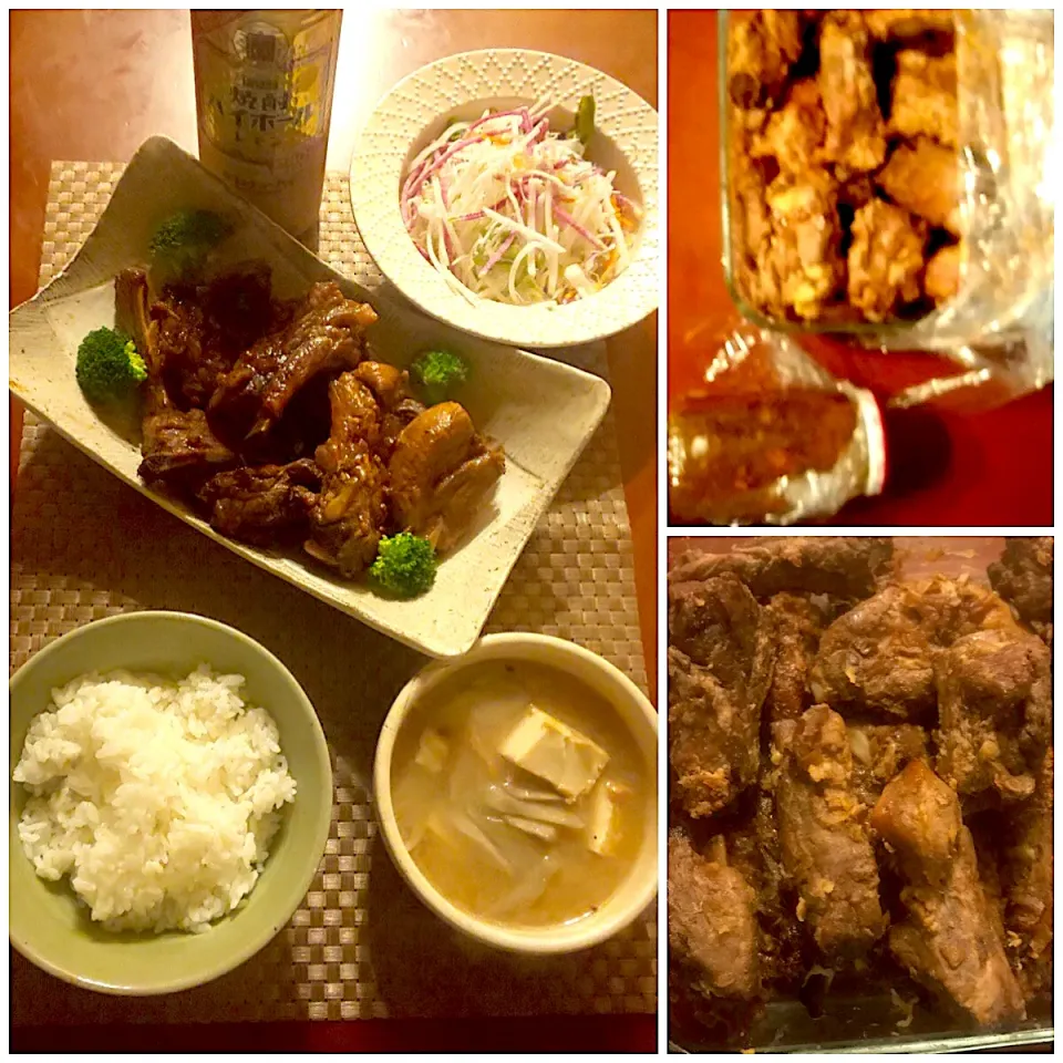 Snapdishの料理写真:Today's dinner🍴Teaching of mother☝BBQ spare ribs🔥本家BBQｽﾍﾟｱﾘﾌﾞ･ｻﾗﾀﾞ･白飯･牛蒡と厚揚げのお味噌汁|🌈Ami🍻さん