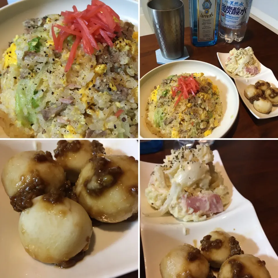 Snapdishの料理写真:レタス炒飯、里いも山葵醤油、ポテサラ|kozzyさん