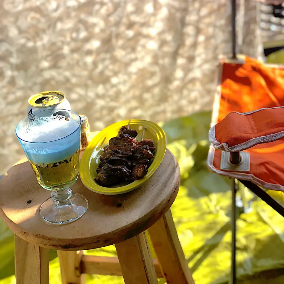 Beer on the balcony／焼き鳥ハツとビール🍃|angiee♡さん