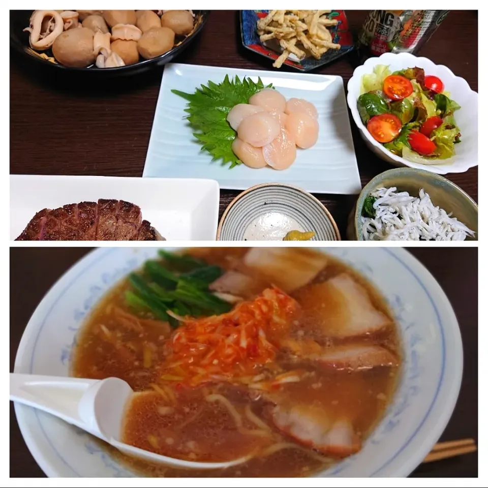 Snapdishの料理写真:★実家ご飯★
㊤金曜日のお夕飯
　※里芋とイカの煮物
　※帆立のお刺身
　※牛タンの塩焼き　他
㊦土曜日のお昼ごはん
　※叉焼メン（辛ネギ入）|☆Chieco☆さん