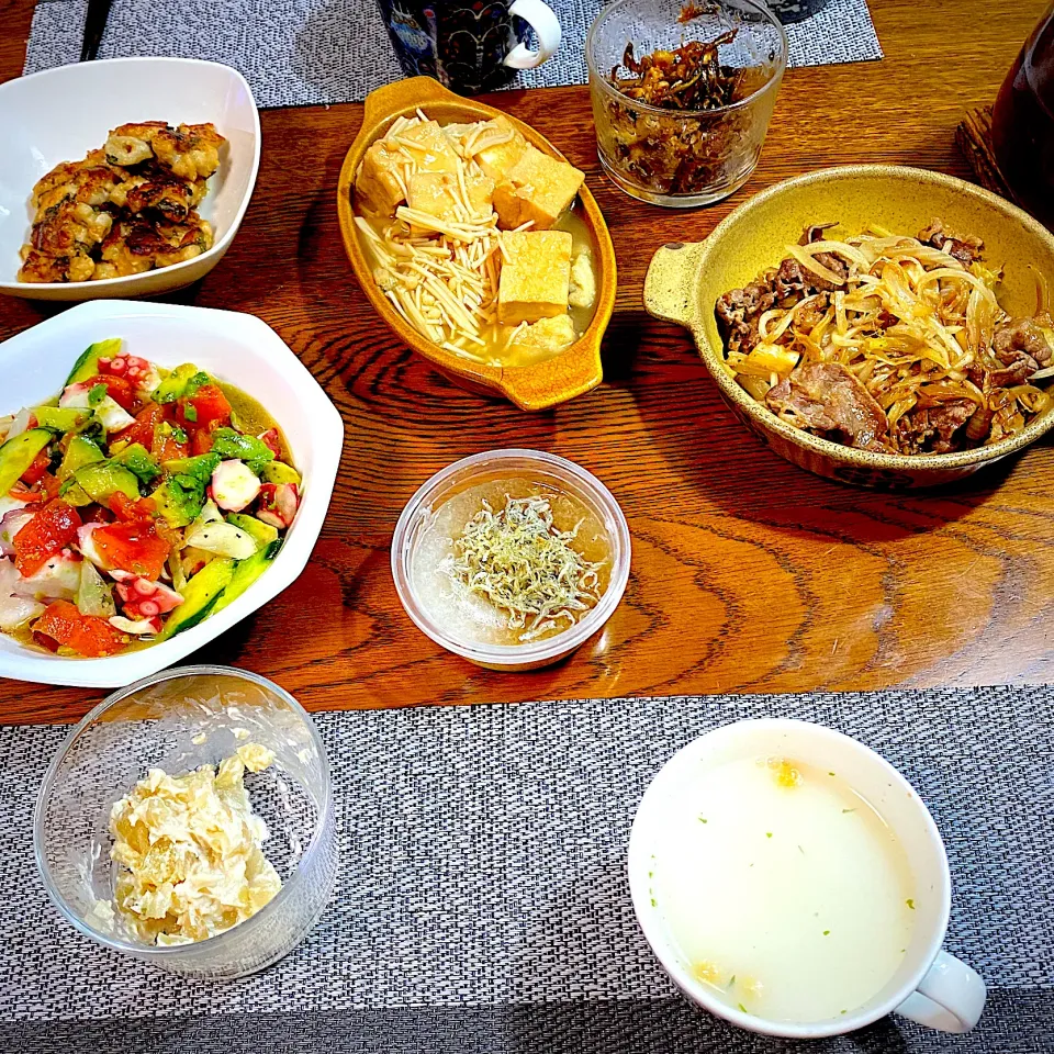 Snapdishの料理写真:サゴシから揚げエノキあんかけ、焼き肉、タコマリネ、鶏蓮根焼き、ジャコおろし|yakinasuさん