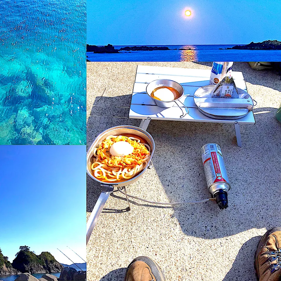 Snapdishの料理写真:デイキャンしながら釣飯🎣鍋焼きうどん|ジョニーさん