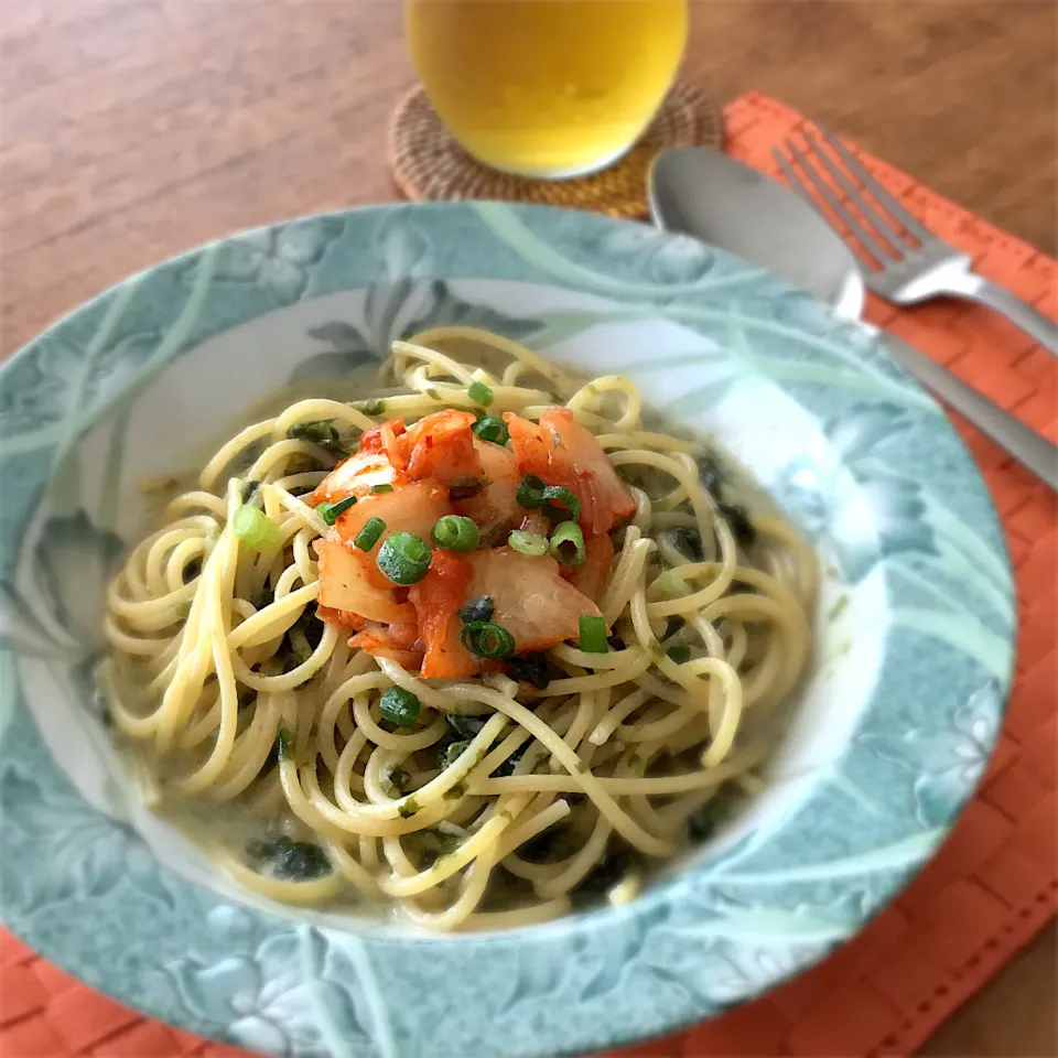 韓国海苔とキムチのクリームスパゲッティ🍝|𓇼 Ⓢ Ⓗ Ⓘ Ⓝ Ⓞ Ⓑ Ⓤ 𓇼さん