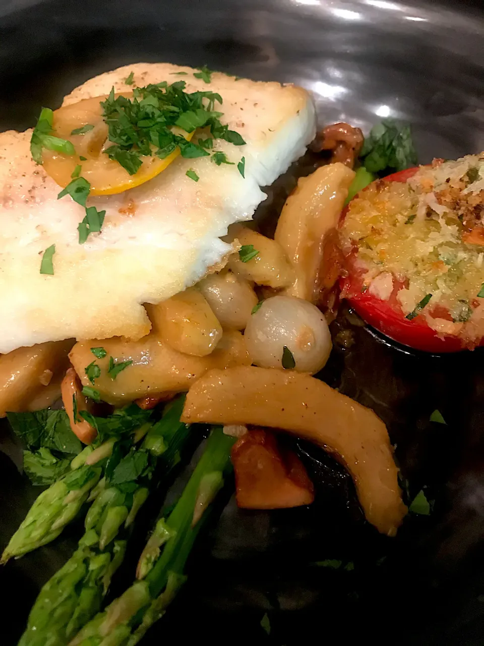 Sautéed Halibut with Chanterelles, Pearl Onions Asparagus and Artichokes with a Truffle Butter Sauce|Christine pavelkaさん