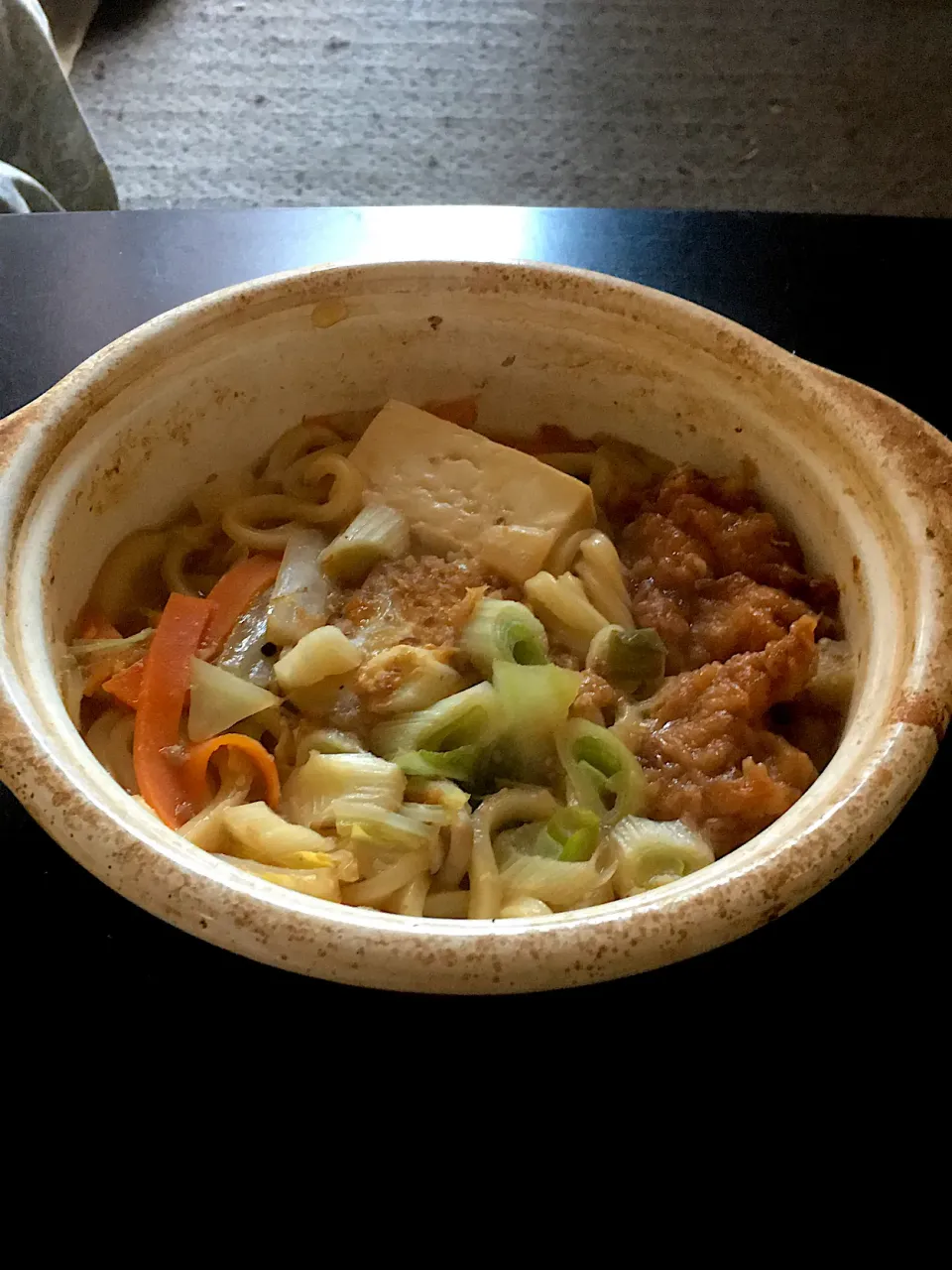 Snapdishの料理写真:夜勤明け鶏唐揚げトッピングの味噌鍋焼きうどん|Tarou  Masayukiさん