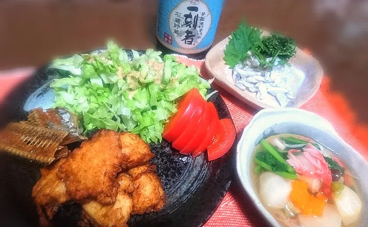 太刀魚 背ごし🐟
  鶏むね肉🐔 唐揚げ
  太刀魚骨せんべい
  蕪 のカニかま餡掛け|びせんさん