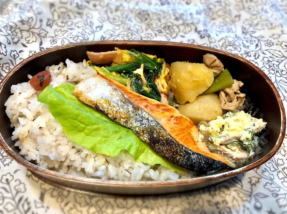 サラ弁　　　　　　　　　　　　　　　　　焼き鮭　シソのポテサラ　肉じゃが　ほうれん草卵とじ|じゅんさんさん