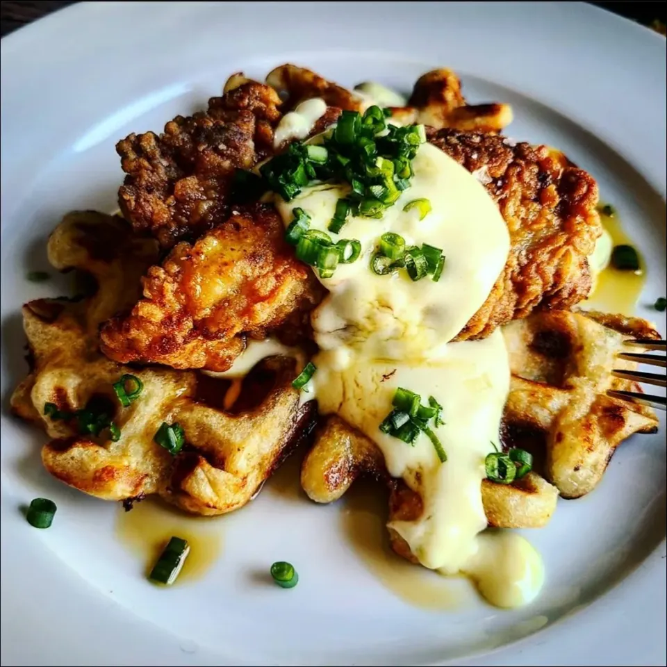 Buttermilk Fried Chicken and Thyme Cheddar Waffles with Confit Garlic Creme sauce and Bourbon Maple Drizzle.|Jbunny Caféさん