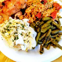 Snapdishの料理写真:jambalya with green beans potato salad and baked chicken wings|Gaines Ashleyさん