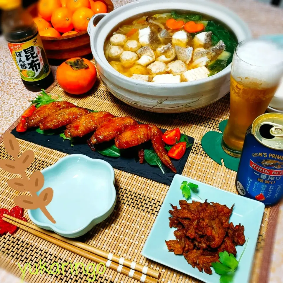 Snapdishの料理写真:昨夜のおうち居酒屋🍺🏮
🍁真鯛鍋🍲
🍁手羽先の甘辛唐揚げ
🍁ピリ辛じゃこごぼ天|yukaringoさん