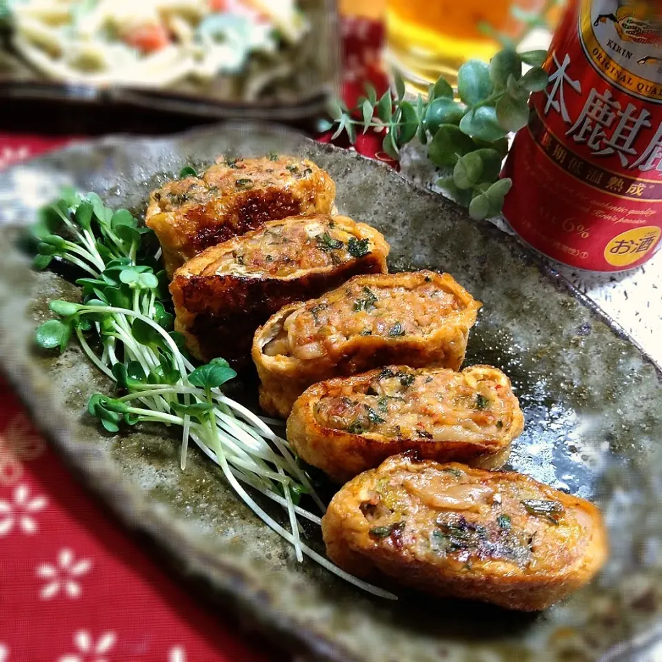 からあげビールさんの料理 簡単激ウマ♪ビールが進む!キムチーズ油揚げ餃子|とまと🍅さん