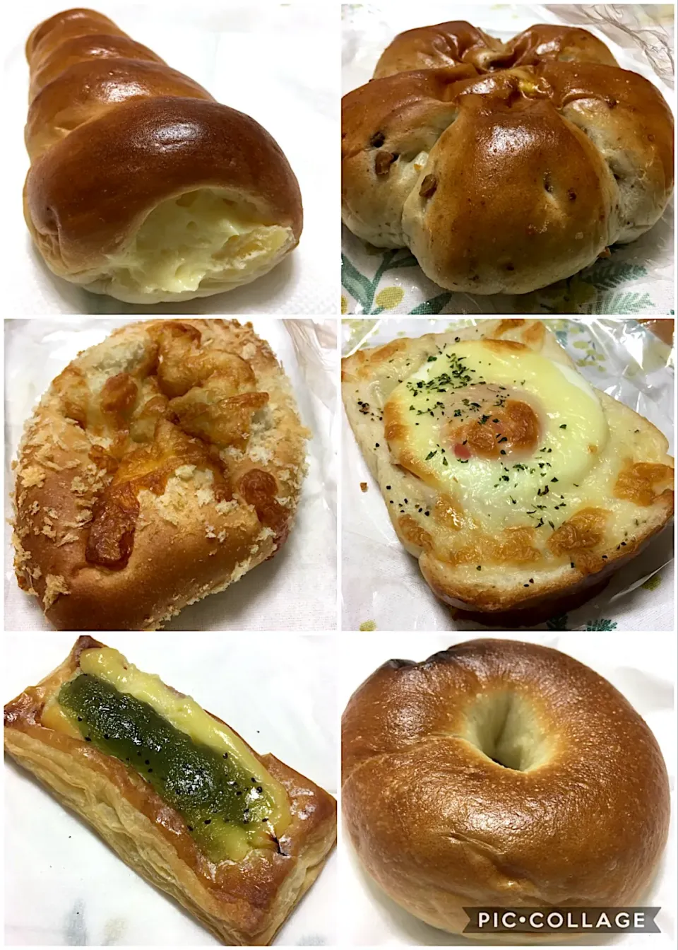 Snapdishの料理写真:季節のコルネ、くるみパン、焼きカレーパン、卵トースト、キウイのパイ、ブルーベリークリームチーズのベーグル|こいちさん