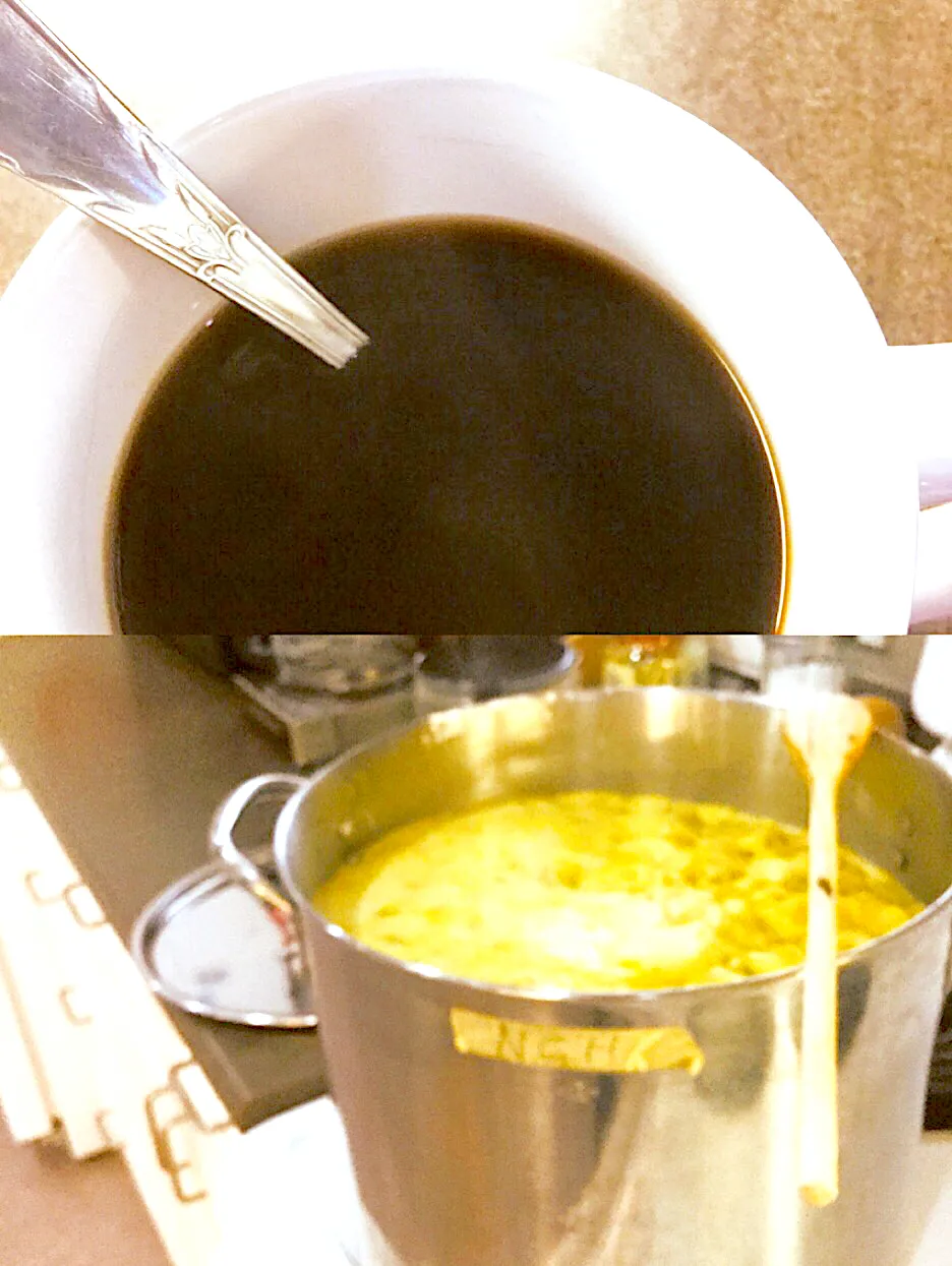 Homemade chicken noodle soup and a rum coffee with honey|ninja kittyさん