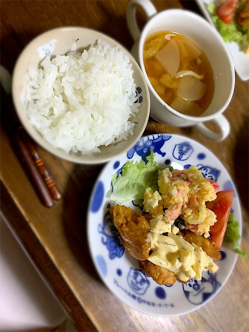 チキン南蛮・ポテトサラダ・ご飯・味噌汁|ちびろ菌さん