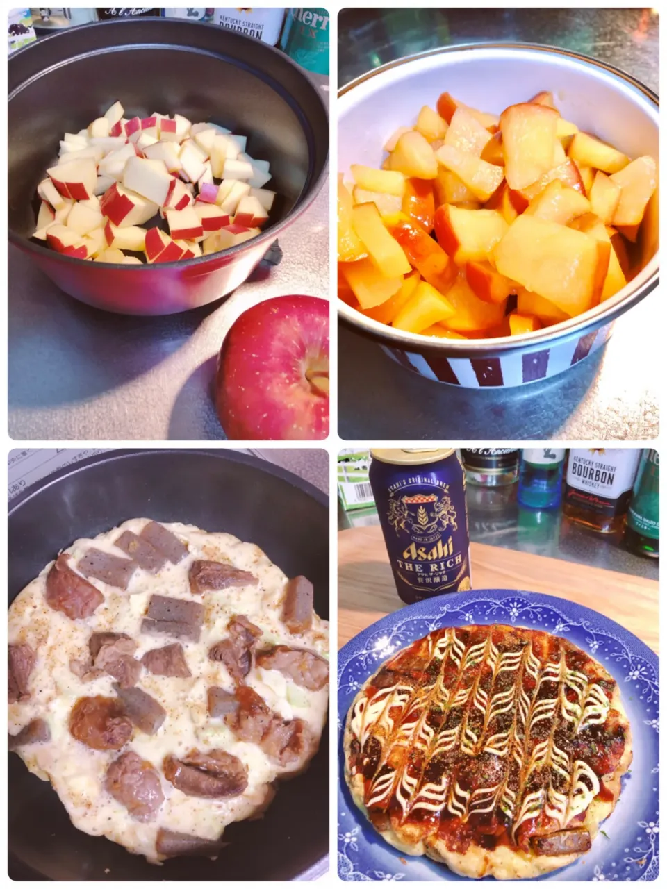 今日は林檎のコンポート🍎を作り置き。夕飯は作り置きの牛すじコンを使ってお好み焼き！七味をタップリかけて酒のアテに😊🍺|海斗さん