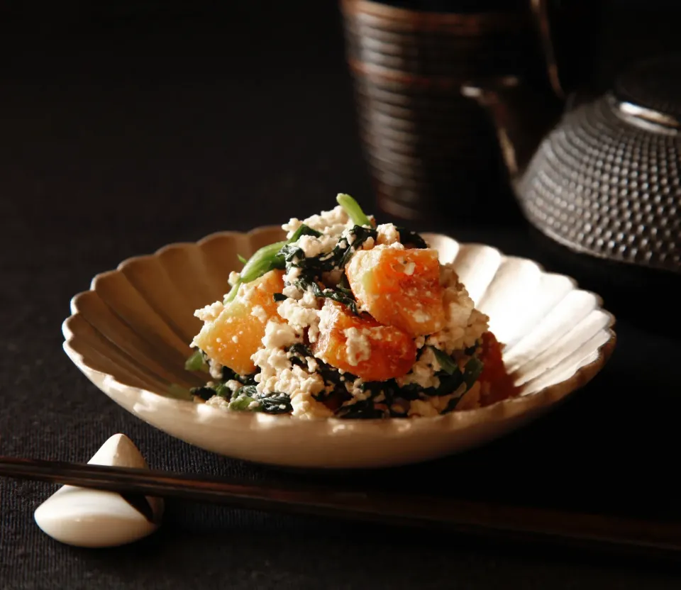 柿とほうれん草の白和え　　　　　Persimmon and spinach with smoothened tofu|マユマユさん