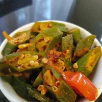 Snapdishの料理写真:Okra curry tempered in hot chilli flakes|Nirmani Jayawardanaさん