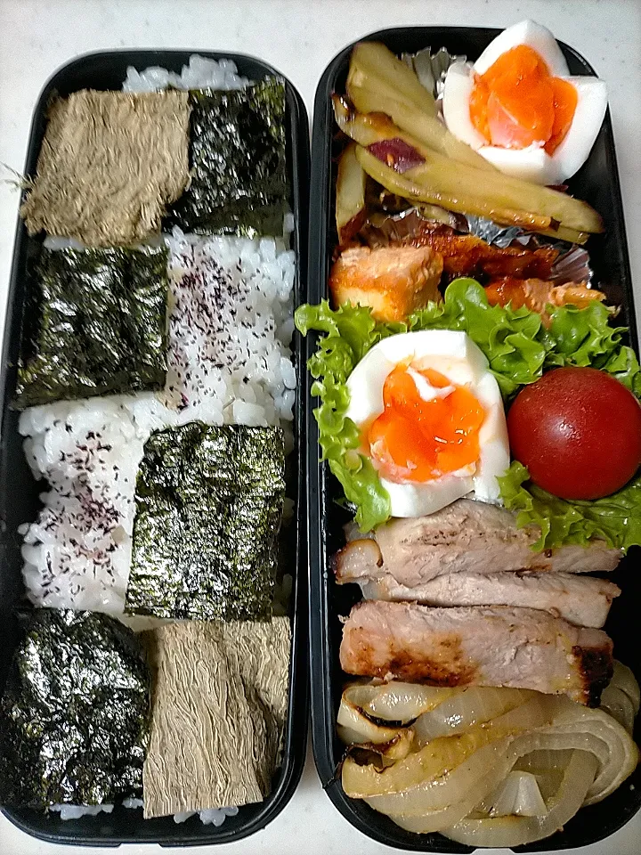 Snapdishの料理写真:玉ねぎ・豚肉焼きました弁当
油揚げチーズ炒め
五郎島金時きんぴら|芽亜里さん