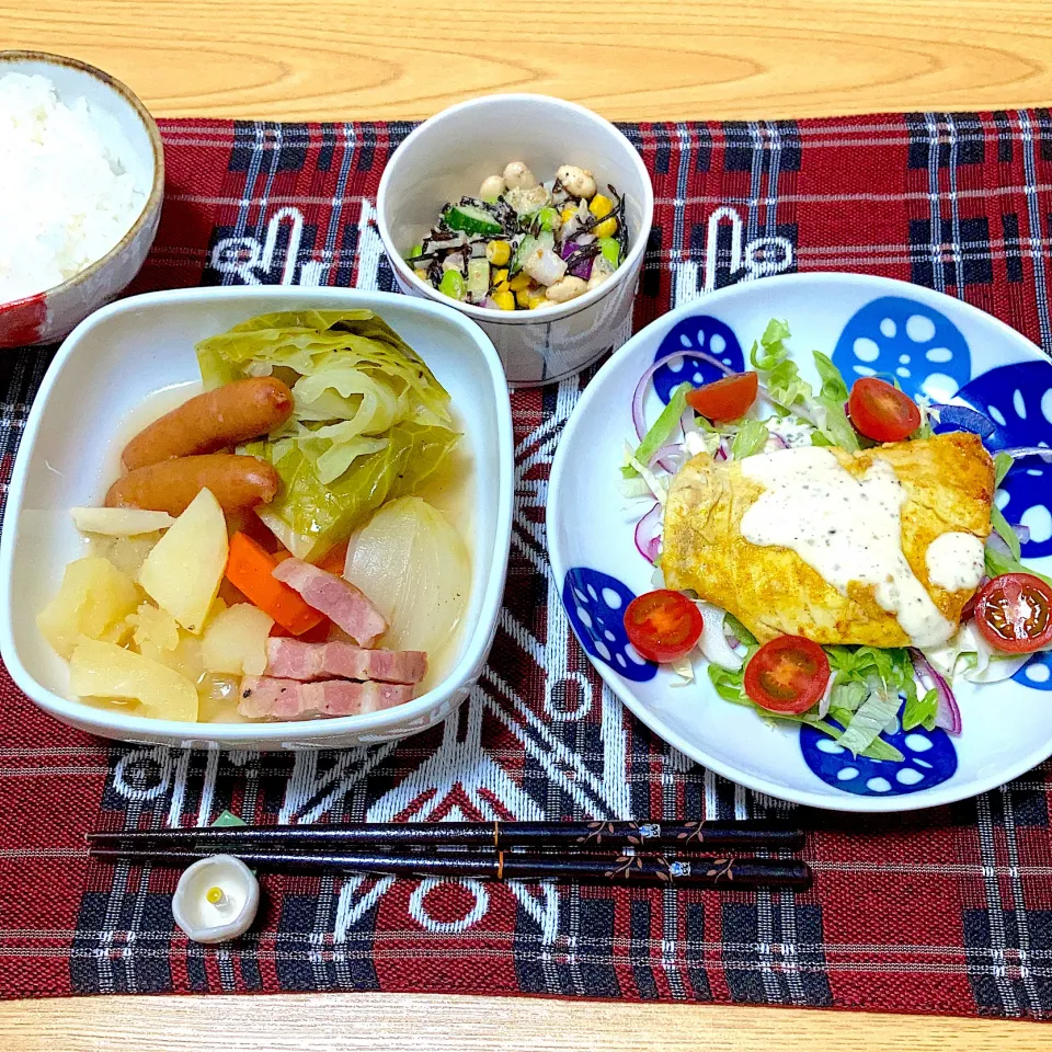 ポトフ、カジキのカレーソテー、ひじきと豆サラダ|ツインうさぎさん