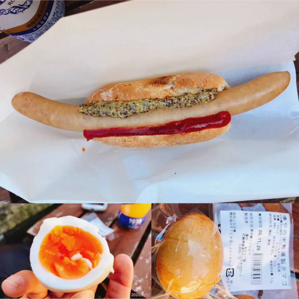 Snapdishの料理写真:『燻や』🌭ホットドッグと燻製たまご|コージ💫さん