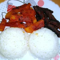 Snapdishの料理写真:Rice and sweet potato with meat and rice rissole in tomato sauce.|Abdoさん