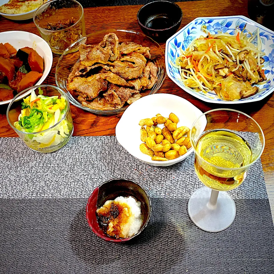 焼肉、おろしポン酢、野菜炒め、南瓜煮物、常備菜ワイン|yakinasuさん