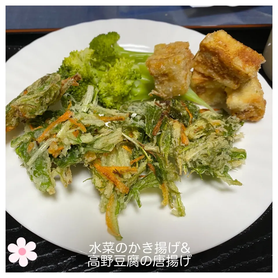 Snapdishの料理写真:水菜のかき揚げ&高野豆腐の唐揚げ|いのっちさん