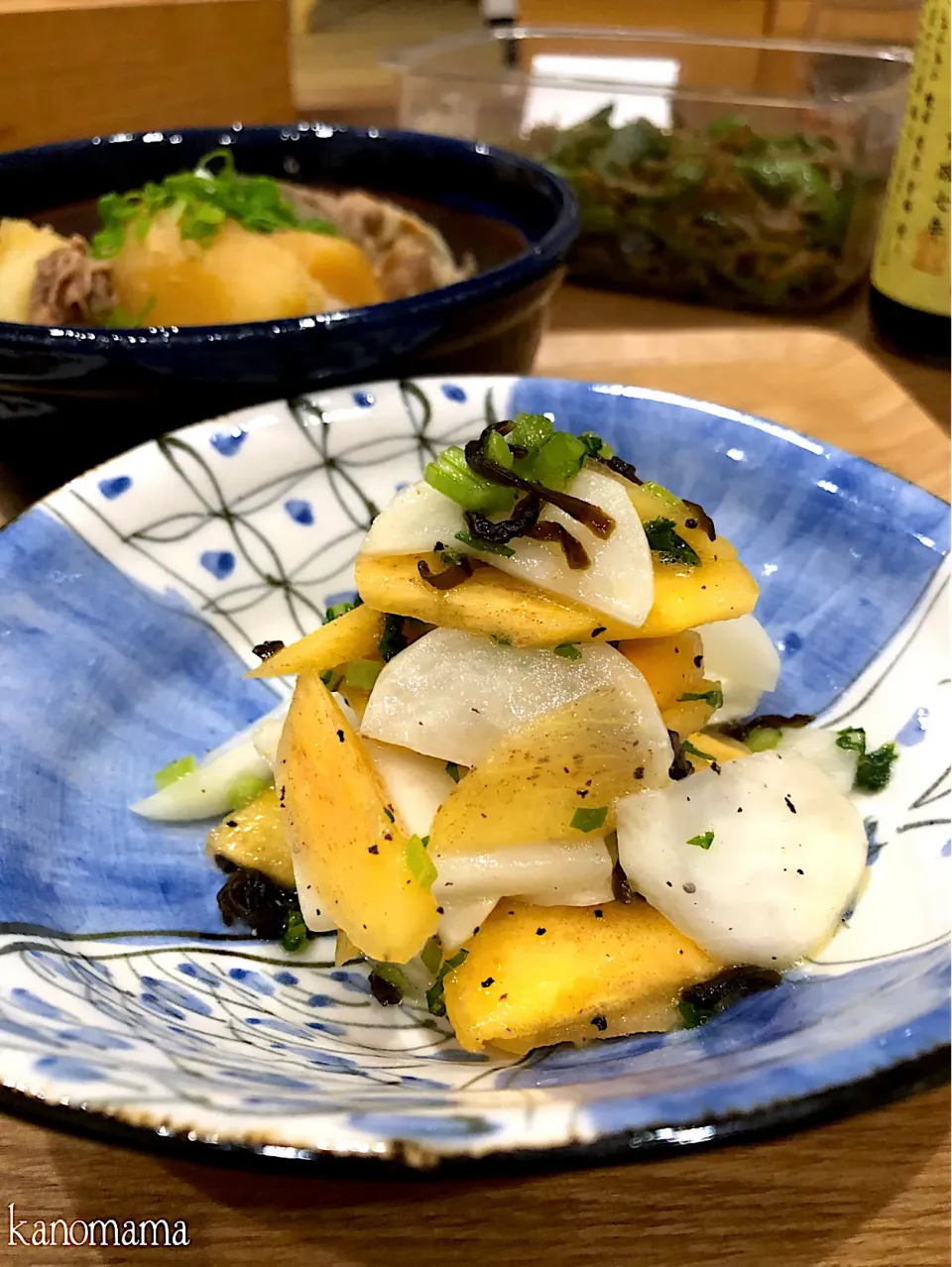 蕪と柿のマリネ♪じゃがと豚肉の煮物♪しし唐辛子とちりめんの炒めたん♪|ゆきさん