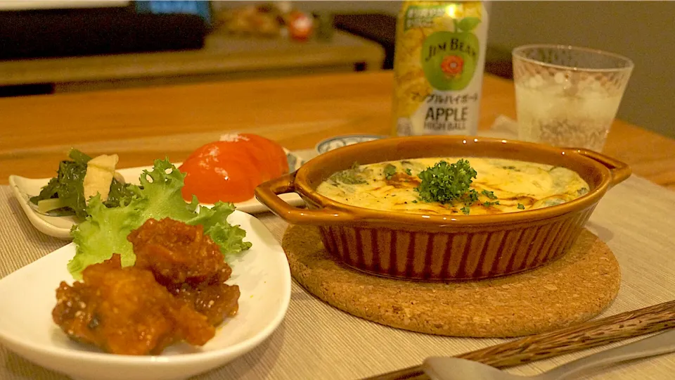 今日の晩酌ごはん                                              ほくほく〜 里芋と春菊の豆乳味噌グラタン|おまつさん