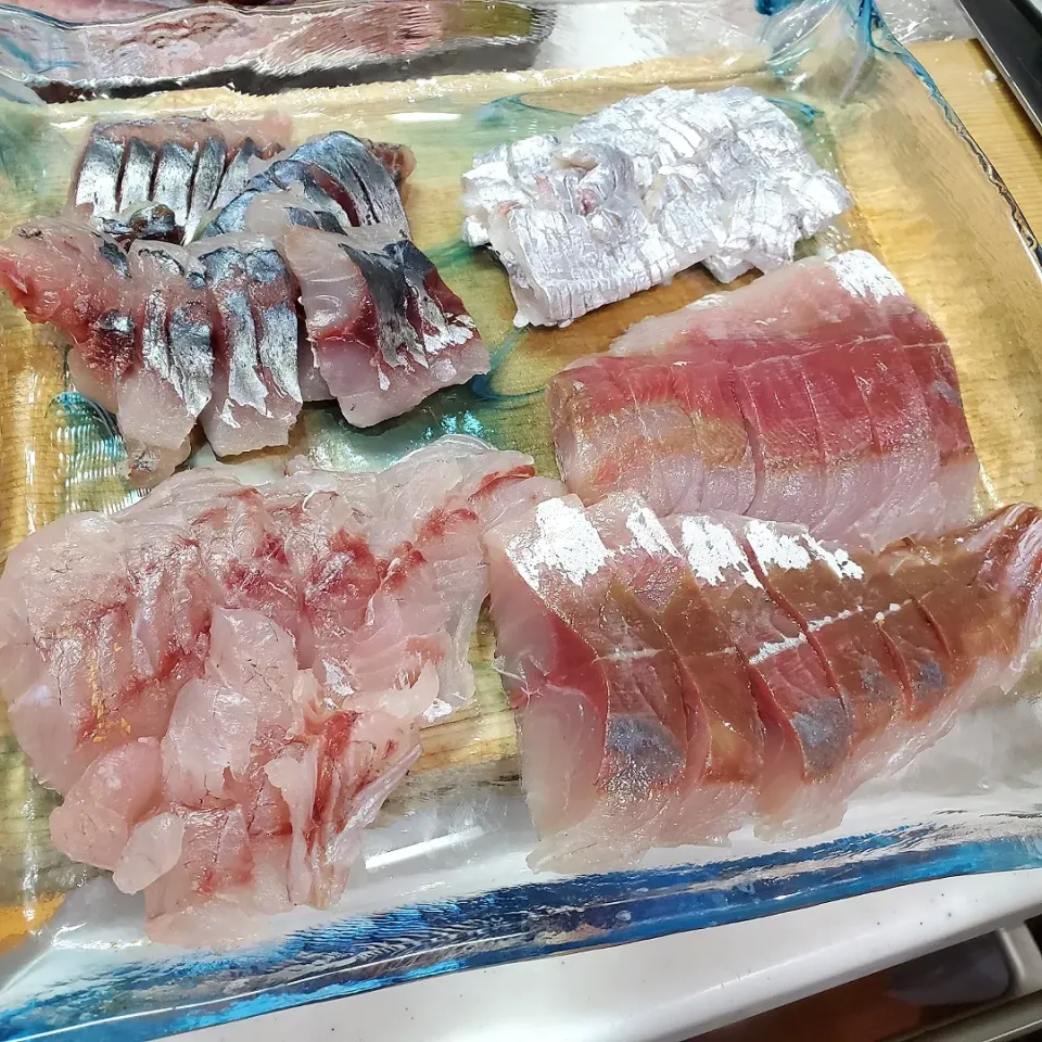 先日夫婦で海釣りに♪😀😀
大量に釣れて…😙
刺身に始まり
なめろう&天婦羅にて
頂きました～👏
太刀魚
いなだ
サバ
鯵|dai.noriさん