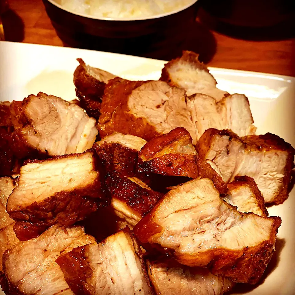 Roasted Salted Pork season with Smoked Salt & Pepper !  Chingensai  Vegetsble with Sweet Soy Sauce  & boiled rice #porkroast #dinner #homecooking|Emanuel Hayashiさん