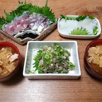 夜ご飯自分で釣った鯵のたたきと剣先イカのお造りと豚汁|nontaさん