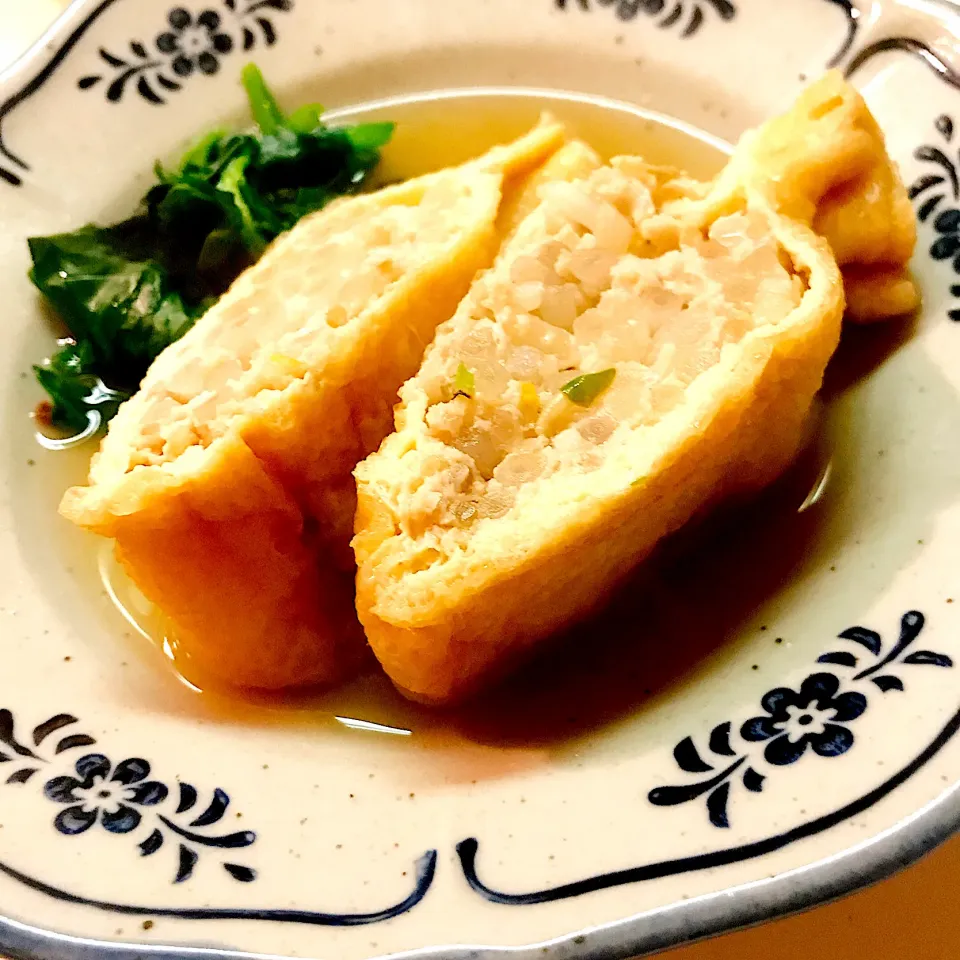 鶏ひき肉ともやしの油揚げ袋煮。|ケイコさん