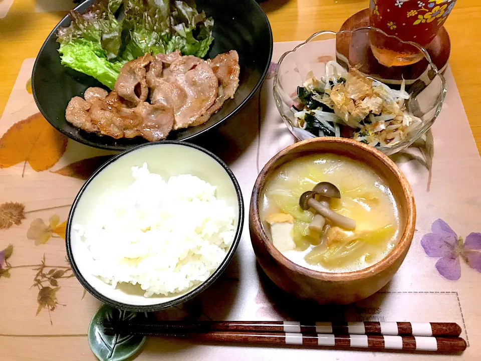 Snapdishの料理写真:豚肉の生姜じょうゆ漬焼き、生揚げのおかず汁、もやしのおかかポン酢|Emiko Kikuchiさん