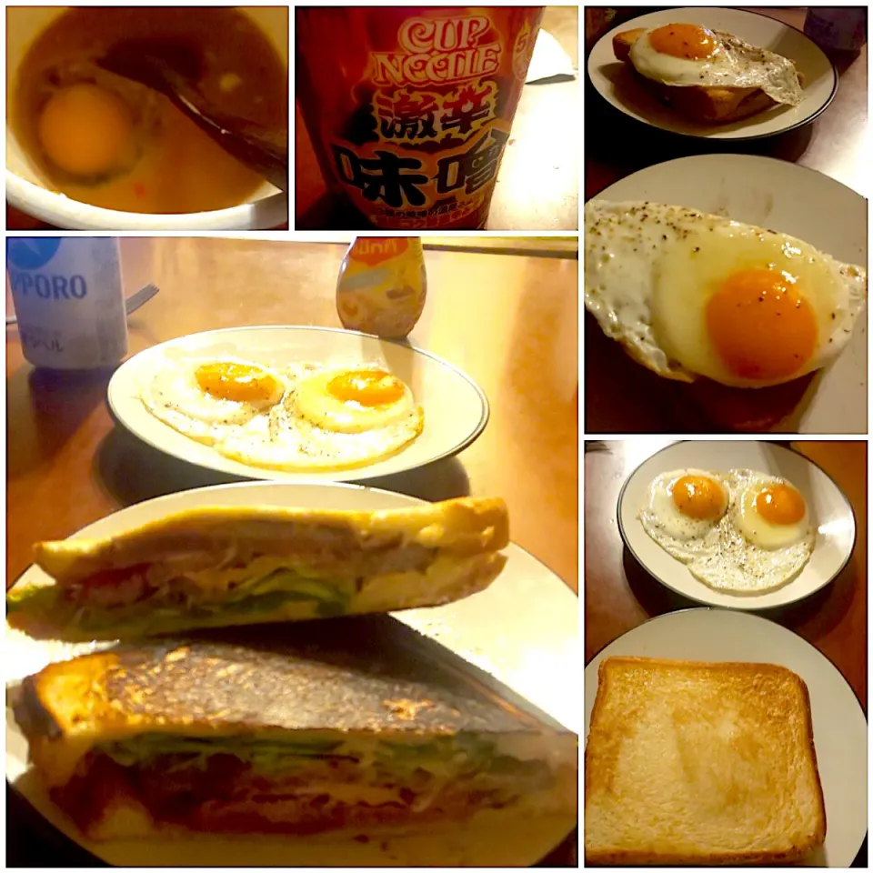 Snapdishの料理写真:Midnight  meals🌝ﾎｯﾄﾛｰｽﾄﾋﾞｰﾌｻﾝﾄﾞｳｨｯﾁw/半熟目玉焼きからのぉ激辛味噌ｶｯﾌﾟﾇｰﾄﾞﾙ|🌈Ami🍻さん