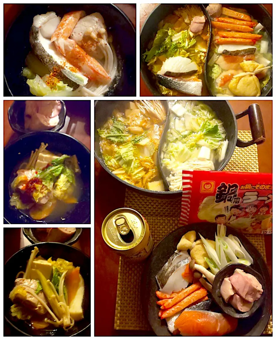 A mixed Pot(of seafood,chicken&vegetables cooked at the table)🍲寄せ2色鍋<鮭･鱈･蟹･あん肝･鶏肉>ｷﾑﾁ&塩出汁|🌈Ami🍻さん