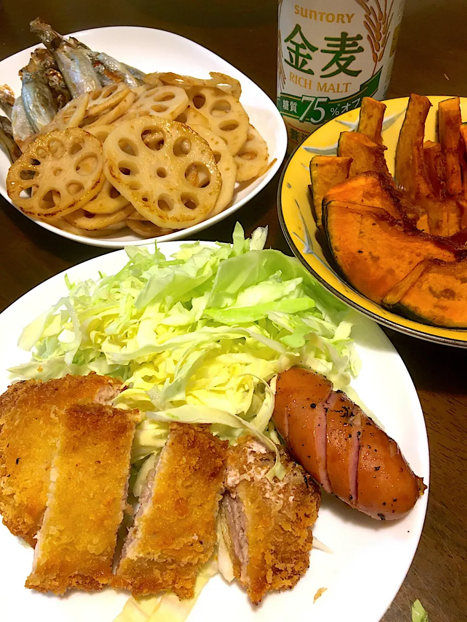 豚肉ミルフィーユカツ、ししゃも、レンコン炒め、カボチャ揚げ|ゆうこさん