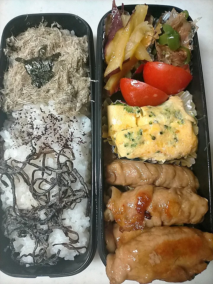 キャベツ豚肉まきまき弁当
★ブロッコリー・明太チーズ卵焼き
★五郎島金時きんぴら
★ピーマンソーメンつゆレンチンおかか和え
(ピカチュウのり、のはずがふやけて分からない・・・)|芽亜里さん