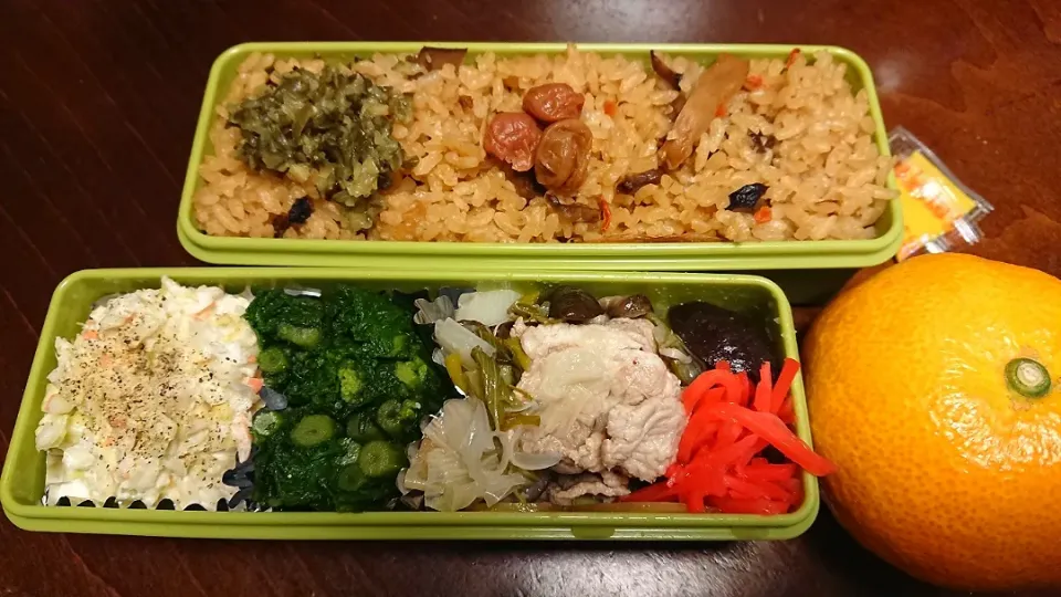 キノコ炊き込みご飯と下仁田ネギと豚しゃぶ弁当|りょーさん