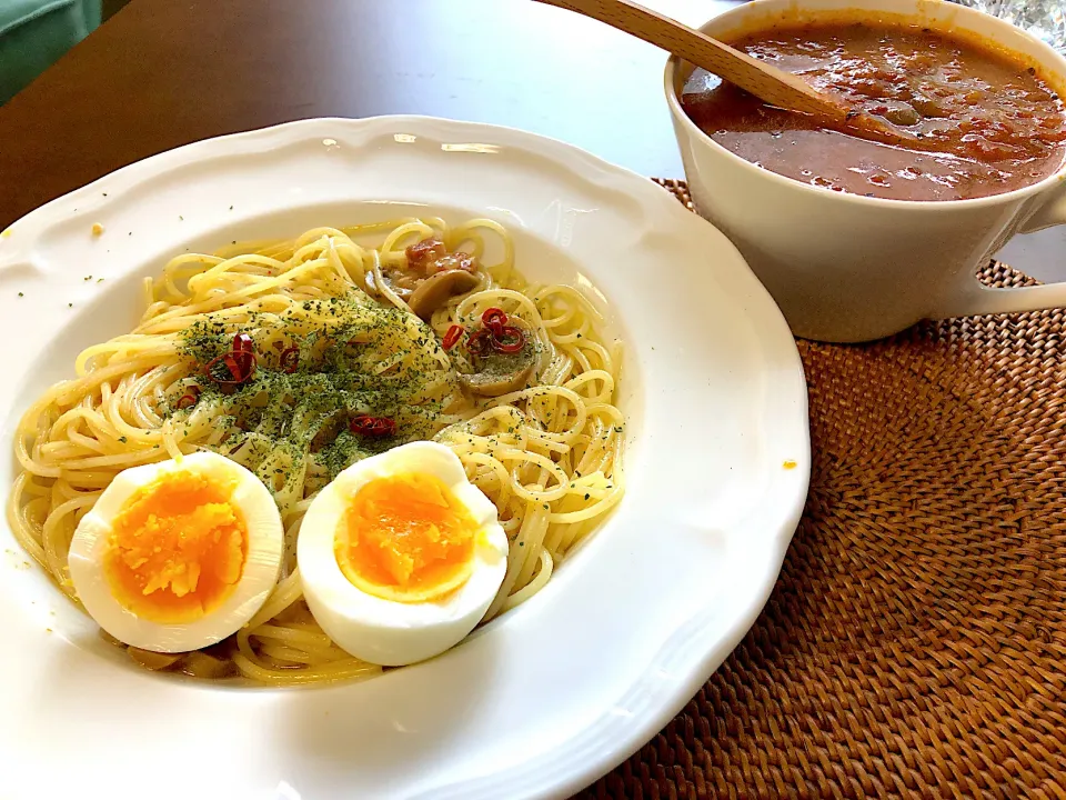 ペペロンチーノゆで卵乗せ&ミネストローネ|松尾毅さん