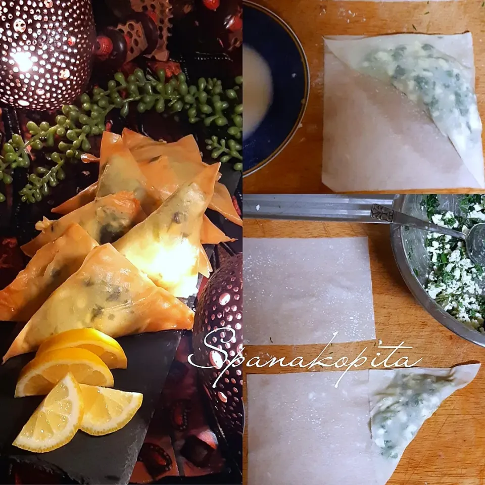 Spanakopita スパナコピタ
ほうれん草とフェタチーズのパイ風
春巻きの皮で3角春巻きに🍋🍃🥂|Kazuyoshi Gotoさん