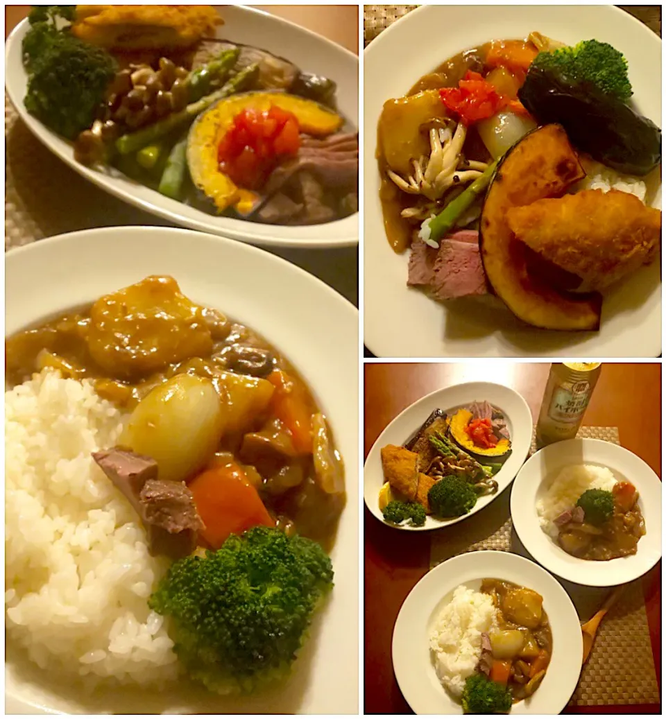 Today's dinner🍴Beef Cury<ﾛｰｽﾄﾋﾞｰﾌの筋部分でｶﾚｰ>w/Roast vegetable<茄子･南瓜･しめじ>Steamed vegetable<ﾌﾞﾛｯｺﾘｰ･ｱｽﾊﾟﾗｶﾞｽ>･ﾛｰｽﾄﾋﾞｰﾌ･白身魚のﾌﾗｲ|🌈Ami🍻さん