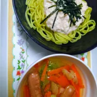 Snapdishの料理写真:豆腐めんたいクリームのパスタ風と野菜スープ|いわちゃんさん