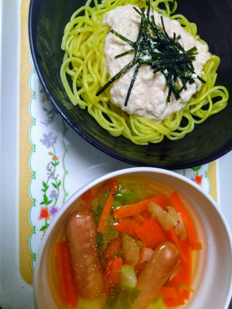 豆腐めんたいクリームのパスタ風と野菜スープ|いわちゃんさん