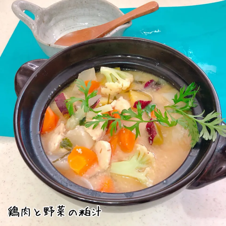 Snapdishの料理写真:野菜の粕汁＆人参葉おむすび|ぷらっとさん