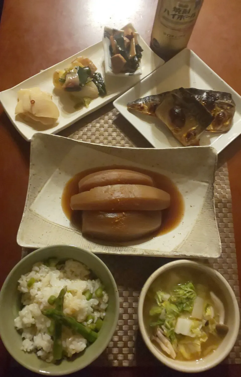 Snapdishの料理写真:Today's dinner🍴我家おばんざい<まくわうり漬け･葉付き玉ねぎと豚の炒め物･葱と魚のたまり醤油煮>･聖護院大根煮･鯖の塩焼き･ｱｽﾊﾟﾗｶﾞｽﾊﾞﾀｰ醤油ご飯･白菜とお豆腐､しめじのｷﾑﾁお味噌汁|🌈Ami🍻さん