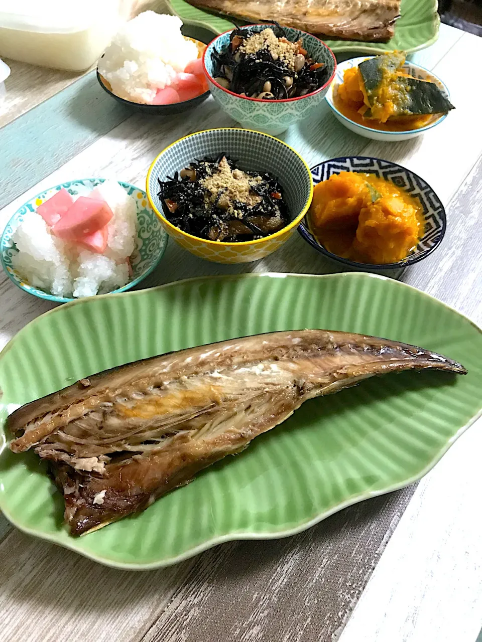 Snapdishの料理写真:鯖一夜干し定食　ひじきのたいたん、かぼちゃのたいたん、大根おろし|SERINOさん