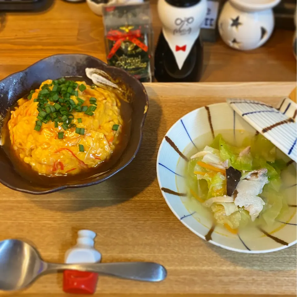 Snapdishの料理写真:・蟹玉風あんかけ炒飯・野菜スープ|まぁちゃんさん